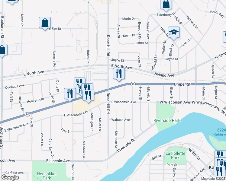 map of restaurants, bars, coffee shops, grocery stores, and more near 2311 East Main Street in Kaukauna