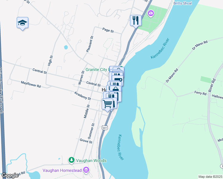 map of restaurants, bars, coffee shops, grocery stores, and more near in Hallowell