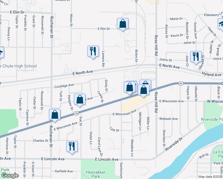 map of restaurants, bars, coffee shops, grocery stores, and more near 1706 Hoover Ct in Little Chute