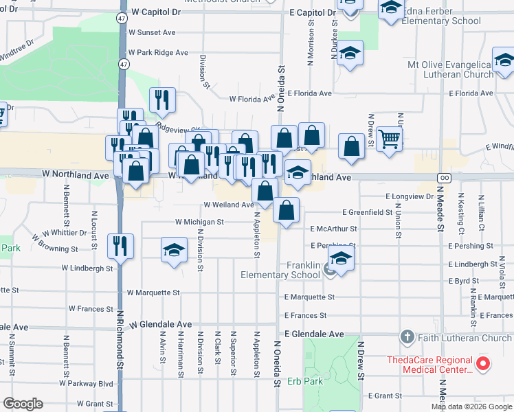 map of restaurants, bars, coffee shops, grocery stores, and more near 2918 North Appleton Street in Appleton