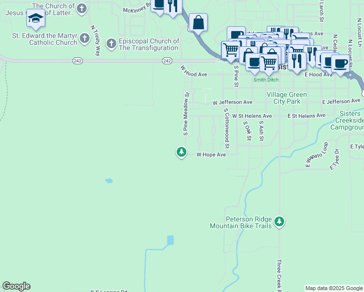 map of restaurants, bars, coffee shops, grocery stores, and more near 743 South Pine Meadow Street in Sisters