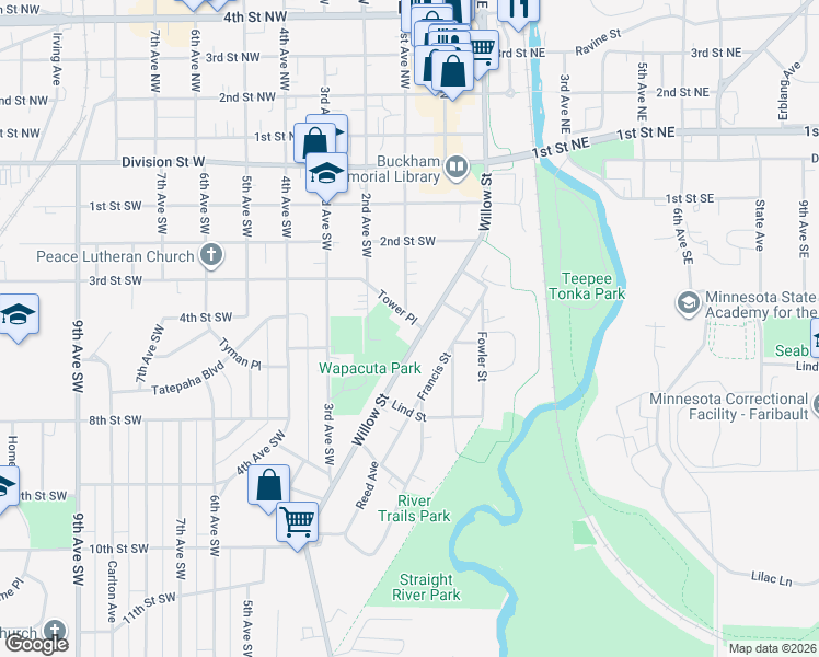 map of restaurants, bars, coffee shops, grocery stores, and more near 11 Tower Place in Faribault