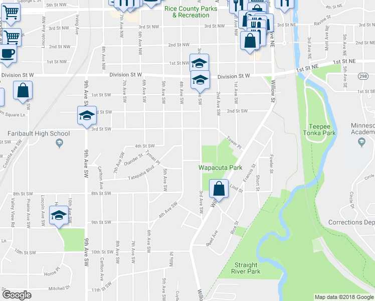 map of restaurants, bars, coffee shops, grocery stores, and more near 411 4th Avenue Southwest in Faribault