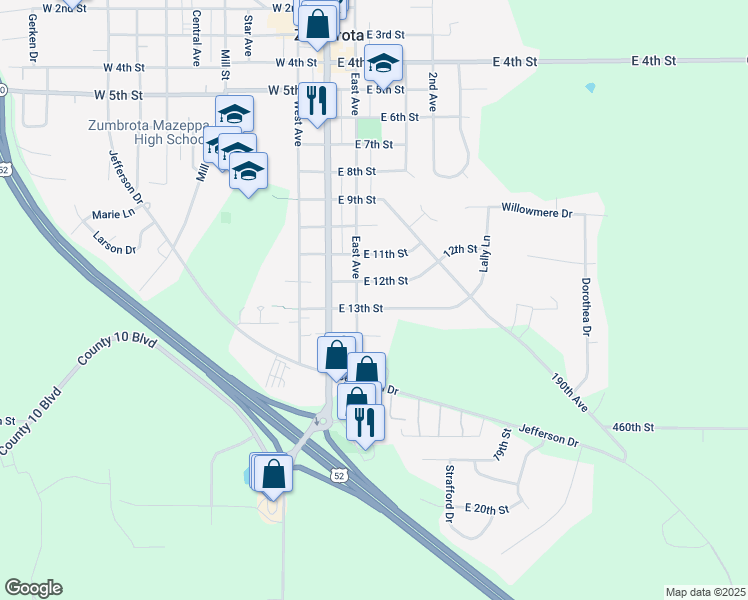 map of restaurants, bars, coffee shops, grocery stores, and more near 1295 East Avenue in Zumbrota