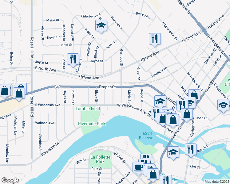 map of restaurants, bars, coffee shops, grocery stores, and more near 228 Margaret Street in Kaukauna