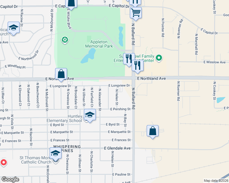 map of restaurants, bars, coffee shops, grocery stores, and more near 2620 North Helen Street in Appleton