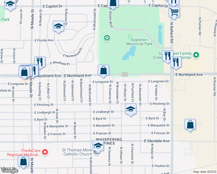 map of restaurants, bars, coffee shops, grocery stores, and more near 2629 North Owaissa Street in Appleton