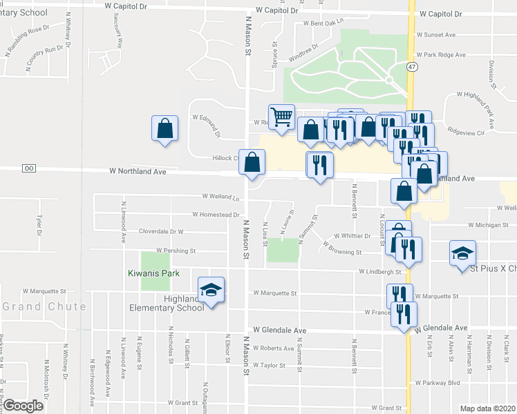 map of restaurants, bars, coffee shops, grocery stores, and more near 2636 North Mason Street in Appleton