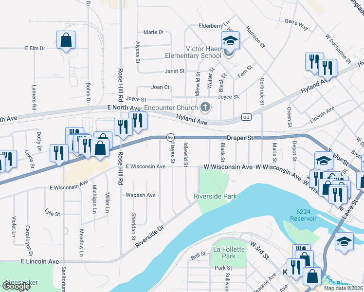 map of restaurants, bars, coffee shops, grocery stores, and more near 229 Idlewild Street in Kaukauna