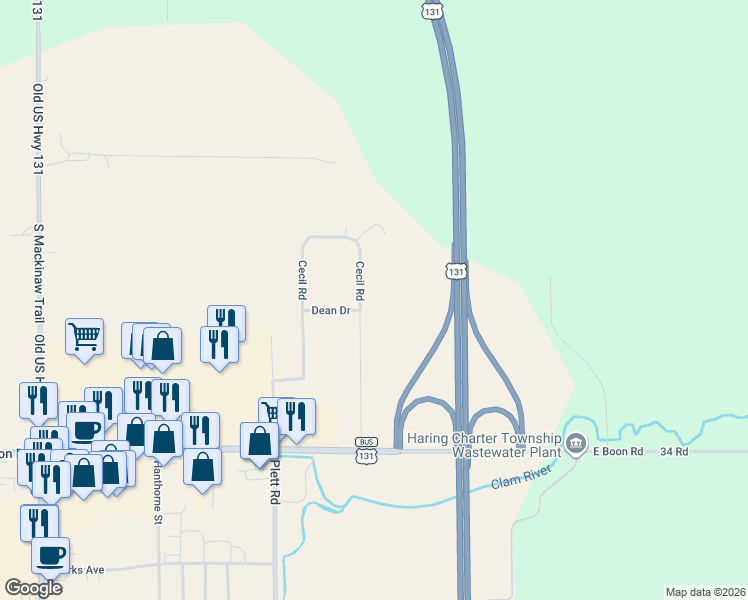 map of restaurants, bars, coffee shops, grocery stores, and more near 3649 Cecil Road in Cadillac