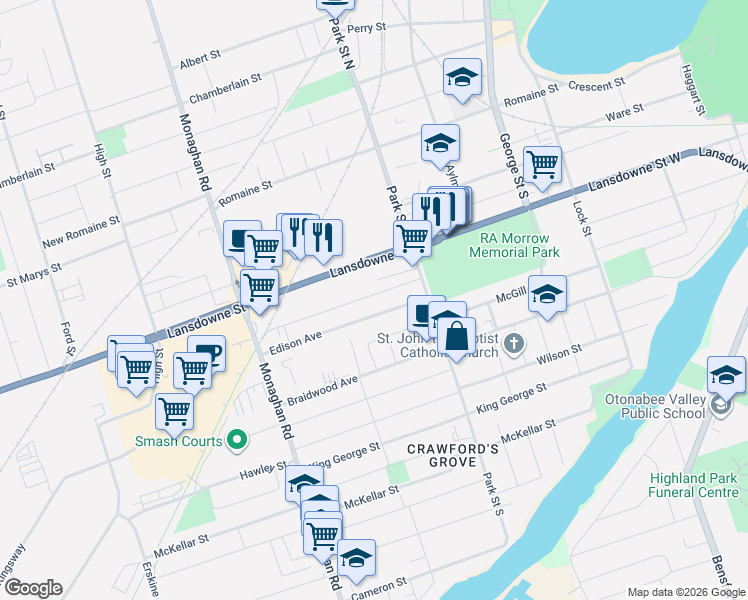 map of restaurants, bars, coffee shops, grocery stores, and more near 463 Brioux Avenue in Peterborough