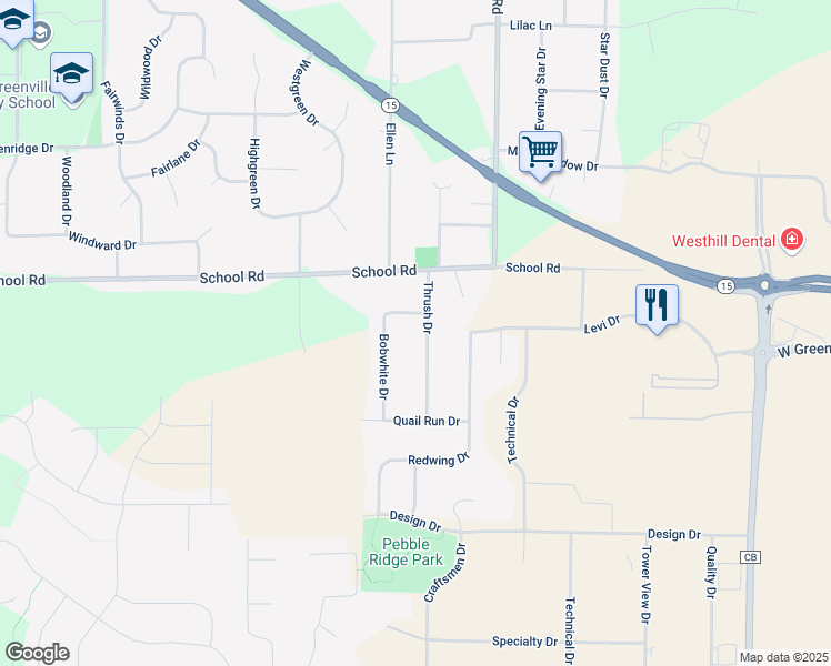 map of restaurants, bars, coffee shops, grocery stores, and more near N1251 Thrush Drive in Greenville