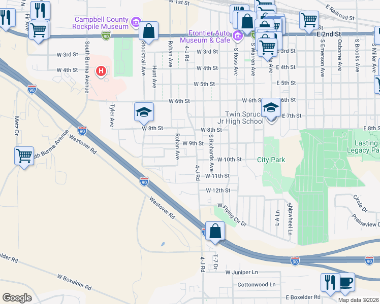 map of restaurants, bars, coffee shops, grocery stores, and more near 600 West 10th Street in Gillette