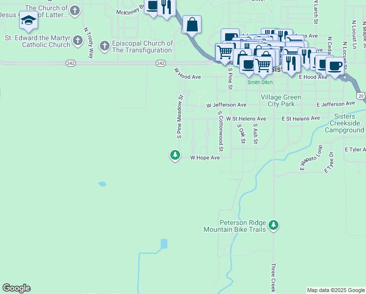 map of restaurants, bars, coffee shops, grocery stores, and more near 743 South Pine Meadow Street in Sisters