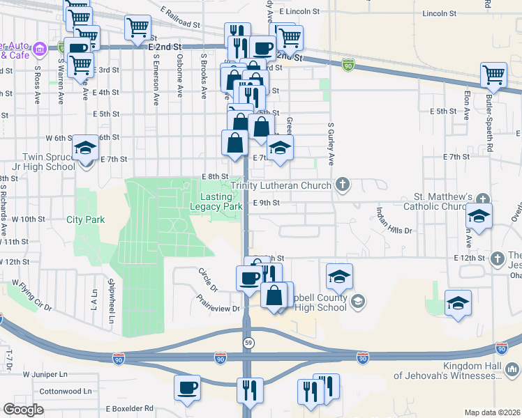map of restaurants, bars, coffee shops, grocery stores, and more near 818-884 E 9th St in Gillette