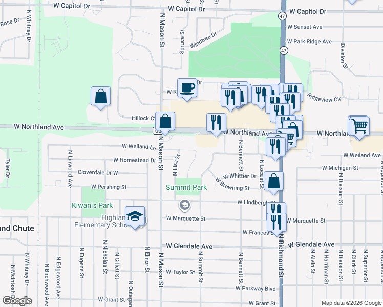map of restaurants, bars, coffee shops, grocery stores, and more near 1115 West Weiland Lane in Appleton