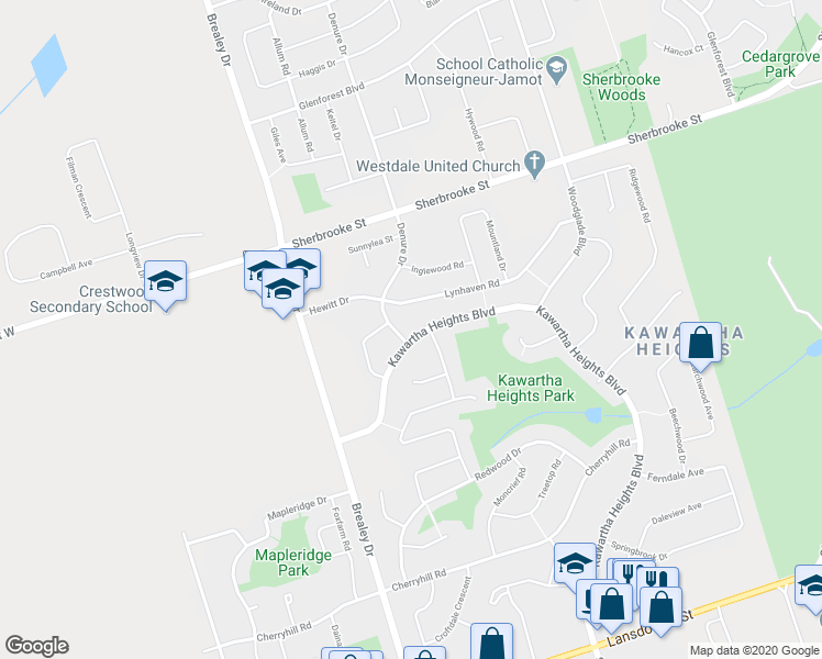 map of restaurants, bars, coffee shops, grocery stores, and more near 2292 Kawartha Heights Boulevard in Peterborough