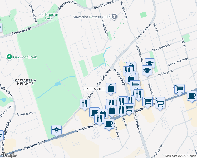 map of restaurants, bars, coffee shops, grocery stores, and more near 885 Clonsilla Avenue in Peterborough