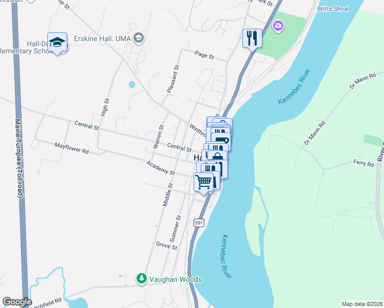 map of restaurants, bars, coffee shops, grocery stores, and more near 16 Central Street in Hallowell