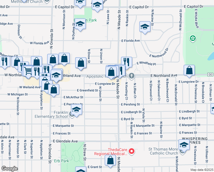 map of restaurants, bars, coffee shops, grocery stores, and more near 609 East Longview Drive in Appleton