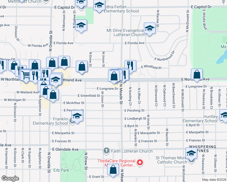 map of restaurants, bars, coffee shops, grocery stores, and more near 701 East Longview Drive in Appleton