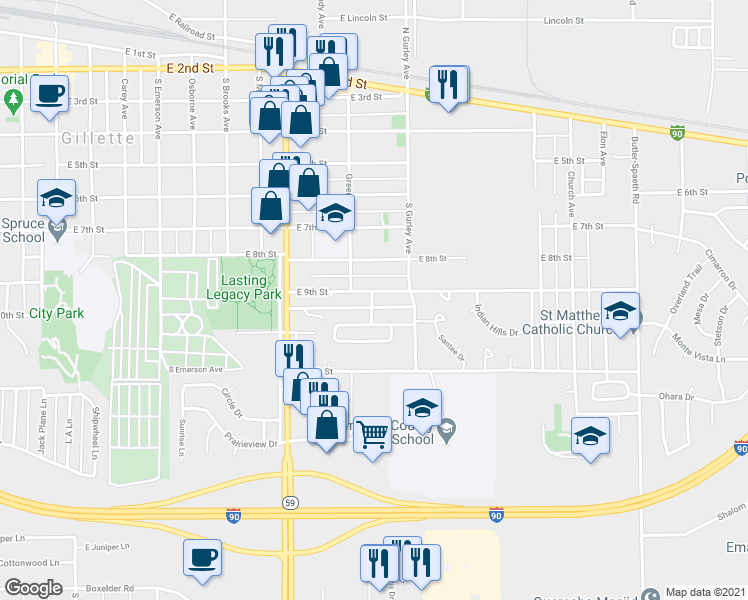 map of restaurants, bars, coffee shops, grocery stores, and more near 24 East 9th Street in Gillette
