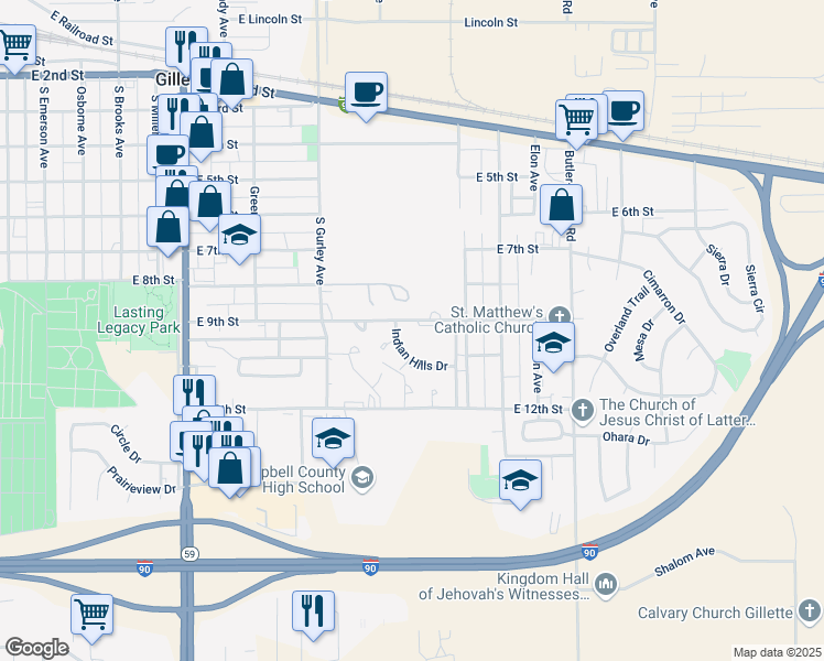 map of restaurants, bars, coffee shops, grocery stores, and more near 900-950 Indian Hills Dr in Gillette
