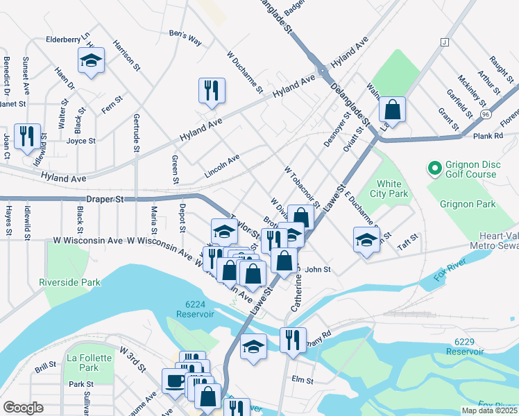 map of restaurants, bars, coffee shops, grocery stores, and more near 212 Brothers Street in Kaukauna
