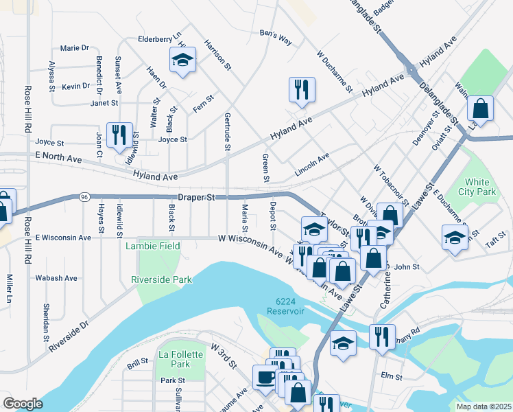 map of restaurants, bars, coffee shops, grocery stores, and more near 415 Draper St in Kaukauna
