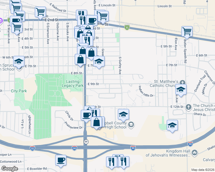 map of restaurants, bars, coffee shops, grocery stores, and more near 24 East 9th Street in Gillette