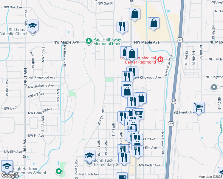 map of restaurants, bars, coffee shops, grocery stores, and more near 1124 Northwest 8th Street in Redmond