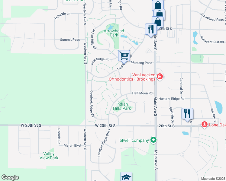 map of restaurants, bars, coffee shops, grocery stores, and more near 1703 Teton Pass in Brookings