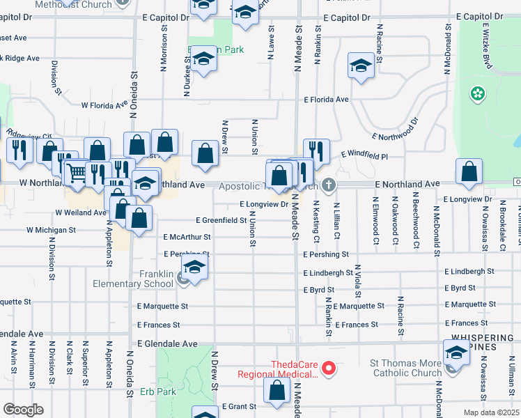 map of restaurants, bars, coffee shops, grocery stores, and more near 609 East Longview Drive in Appleton