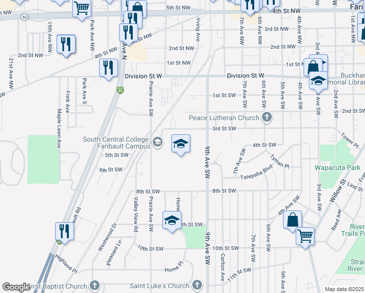 map of restaurants, bars, coffee shops, grocery stores, and more near 330 9th Avenue Southwest in Faribault