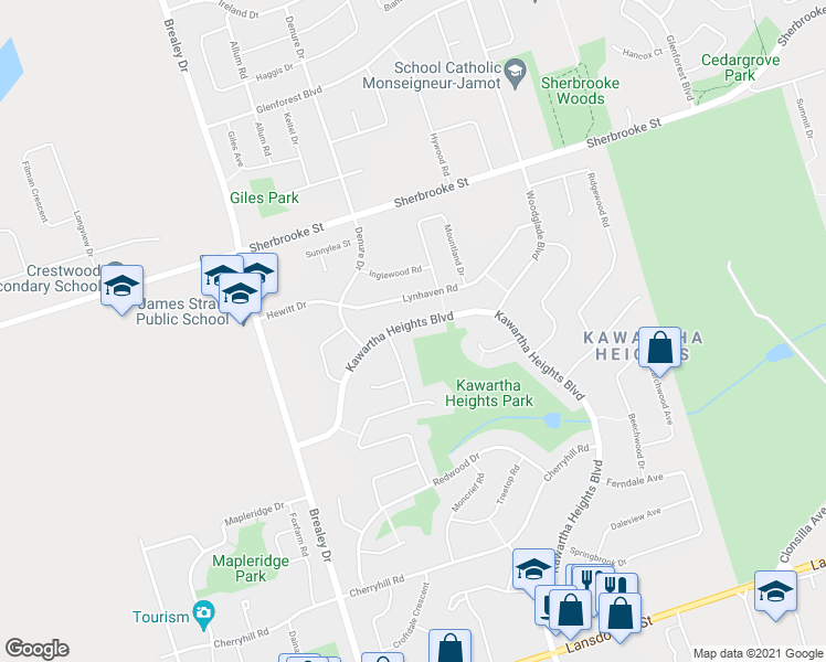 map of restaurants, bars, coffee shops, grocery stores, and more near 2259 Kawartha Heights Boulevard in Peterborough