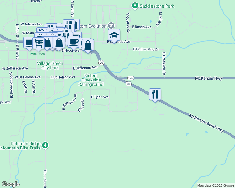 map of restaurants, bars, coffee shops, grocery stores, and more near 801 U.S. 20 in Sisters