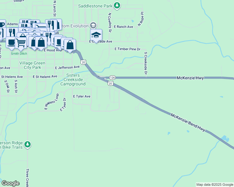 map of restaurants, bars, coffee shops, grocery stores, and more near 698 South Wrangler Court in Sisters