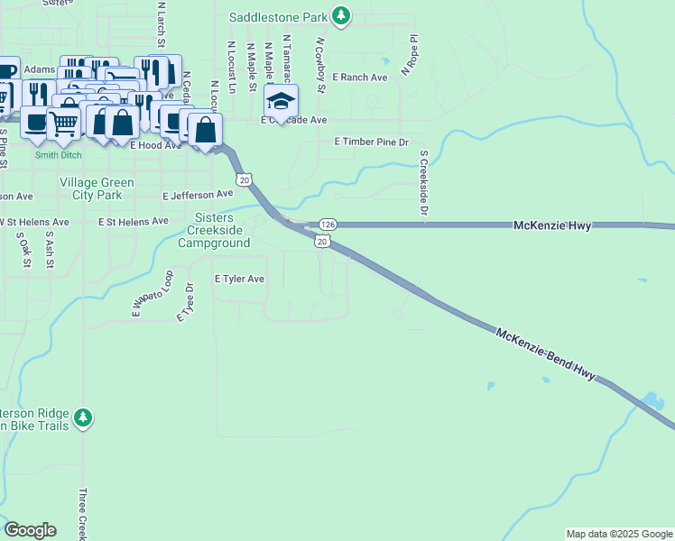map of restaurants, bars, coffee shops, grocery stores, and more near 698 South Wrangler Court in Sisters