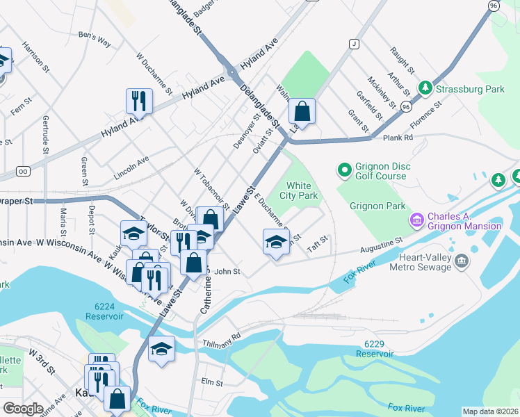 map of restaurants, bars, coffee shops, grocery stores, and more near 207 East Ducharme Street in Kaukauna
