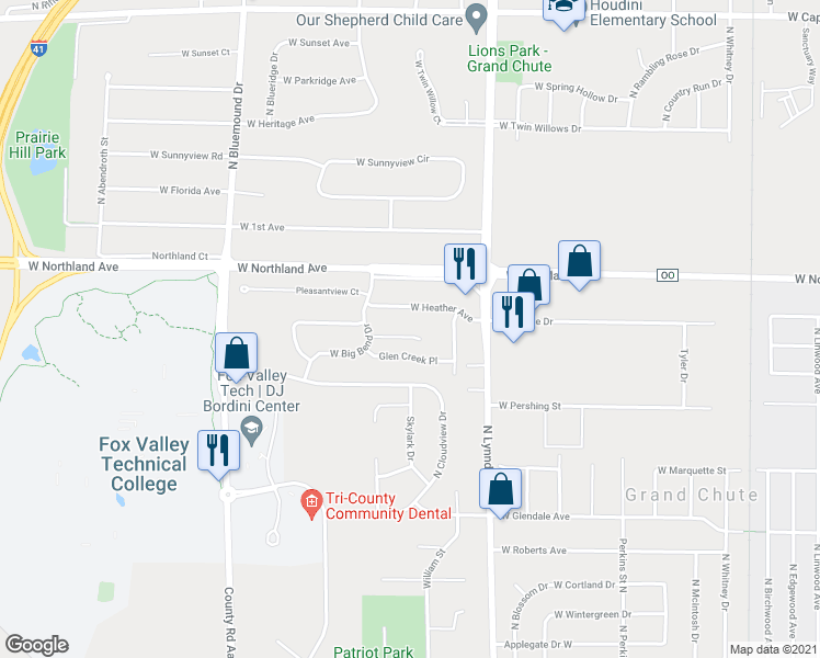 map of restaurants, bars, coffee shops, grocery stores, and more near 2680 West Parkmoor Court in Appleton