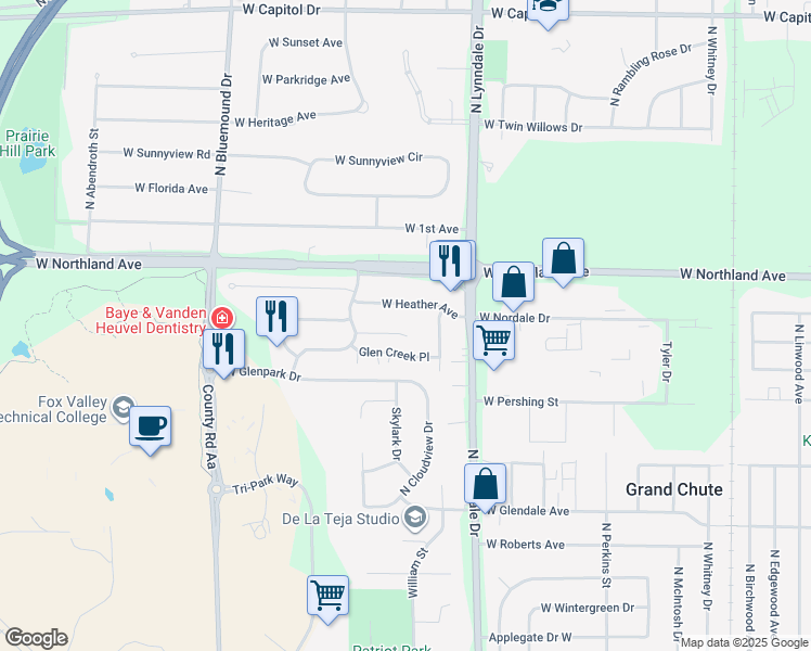 map of restaurants, bars, coffee shops, grocery stores, and more near 2628 West Parkmoor Court in Appleton