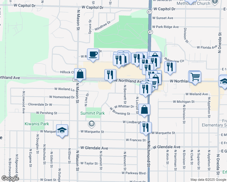 map of restaurants, bars, coffee shops, grocery stores, and more near 935 West Weiland Avenue in Appleton