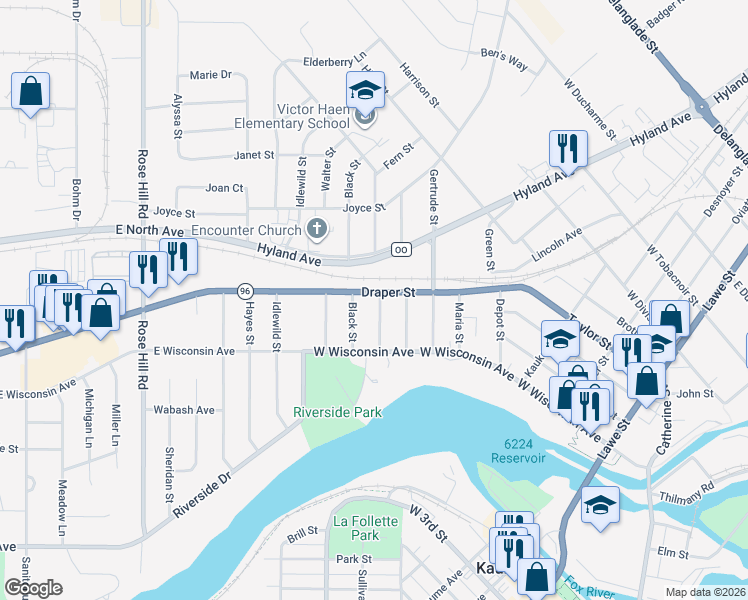 map of restaurants, bars, coffee shops, grocery stores, and more near 801 Draper Street in Kaukauna