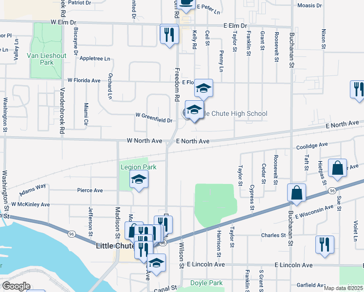 map of restaurants, bars, coffee shops, grocery stores, and more near 309 East North Avenue in Little Chute