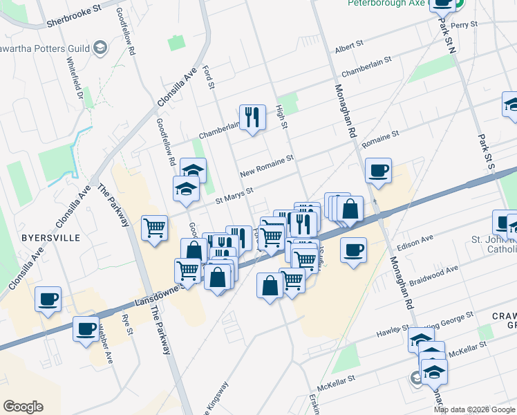 map of restaurants, bars, coffee shops, grocery stores, and more near in Peterborough