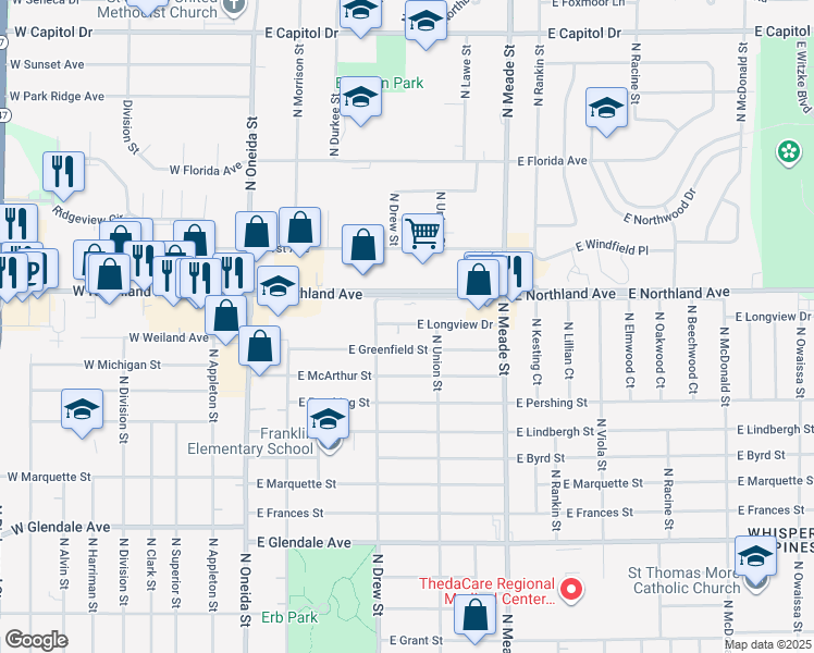 map of restaurants, bars, coffee shops, grocery stores, and more near 500 East Greenfield Street in Appleton