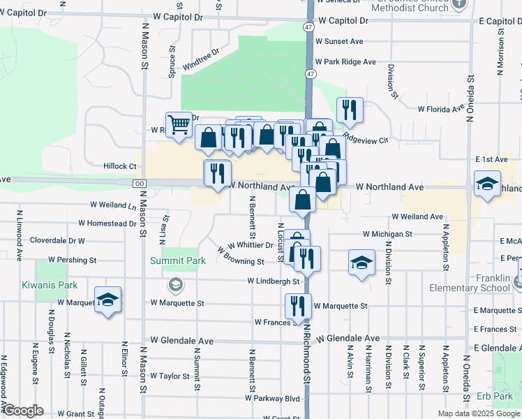 map of restaurants, bars, coffee shops, grocery stores, and more near 2620 North Bennett Street in Appleton