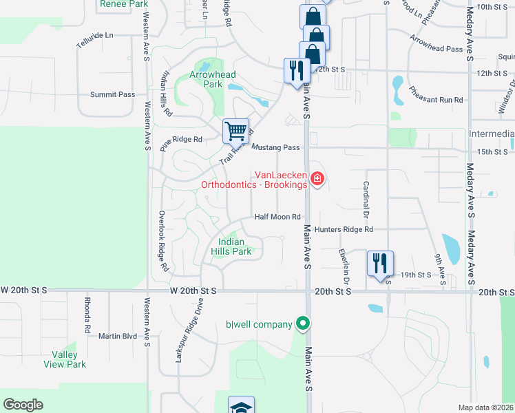map of restaurants, bars, coffee shops, grocery stores, and more near 119 Half Moon Road in Brookings