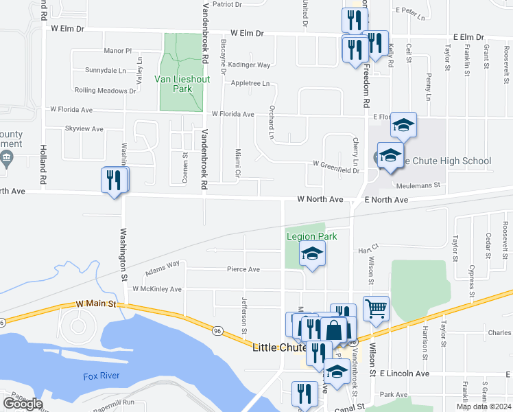 map of restaurants, bars, coffee shops, grocery stores, and more near 317 West North Avenue in Little Chute