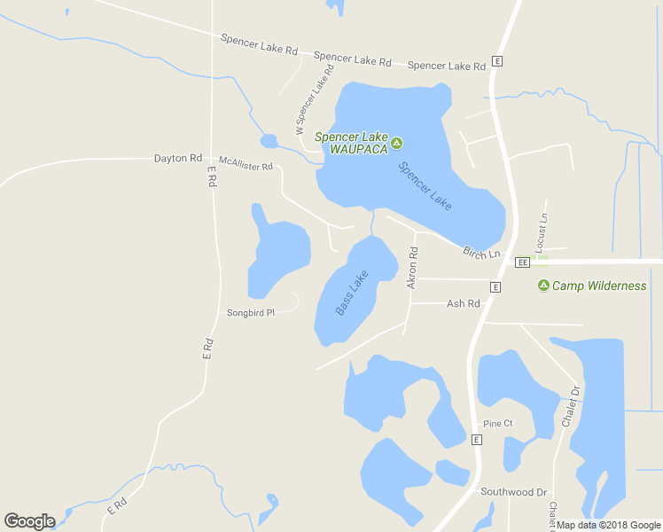 map of restaurants, bars, coffee shops, grocery stores, and more near N1251 Songbird Place in Waupaca